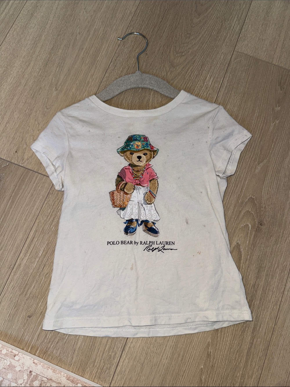 Ralph Lauren White Kids Polo Bear Graphic Tee with Colorful Hat